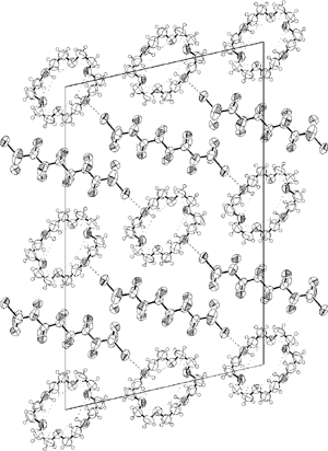     ORTEP III projection of the co-crystal between K.2.2. and 1,8-diiodoperfluorooctane viewed along the <i>b</i> axis. Dotted lines indicates 1,5-intramolecular bifurcated hydrogen bonds and dashed lines intermolecular halogen bonds.