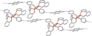 Formation of infinite network 3 through XB driven self-assembly of starting modules 1 with 2. A view of two adjacent chains of 3 (from X-ray data) is given at the bottom. Colours are as follows: red, O; orange, P; blue, N; violet, I; green, F. XB is depicted as black dotted lines.