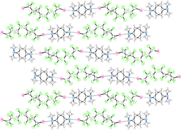 Halogen bonding based enantiopure co-crystal between 1,8-diiodoperfluorooctane and N,N,N,N-tetramethyl-p-phenylenediamine. The long perfluorinated chain adopts an unusual gauche arrangement.