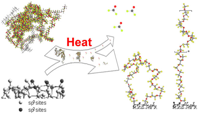Covalent linkage of linear PFPE chains on a DLC surface by the thermal decomposition of linear PFPE peroxides.